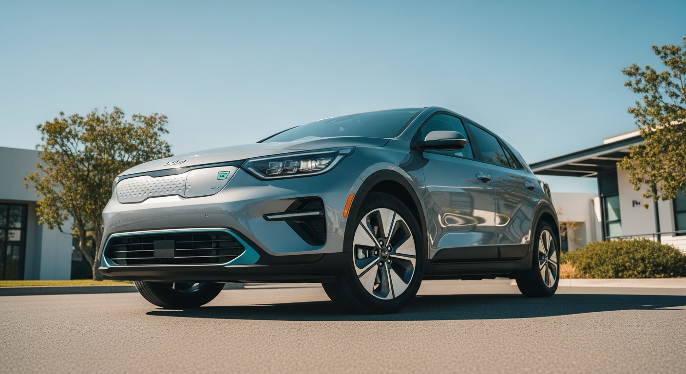 Front three-quarter view of a modern Kia EV3 compact electric SUV in a suburban environment.